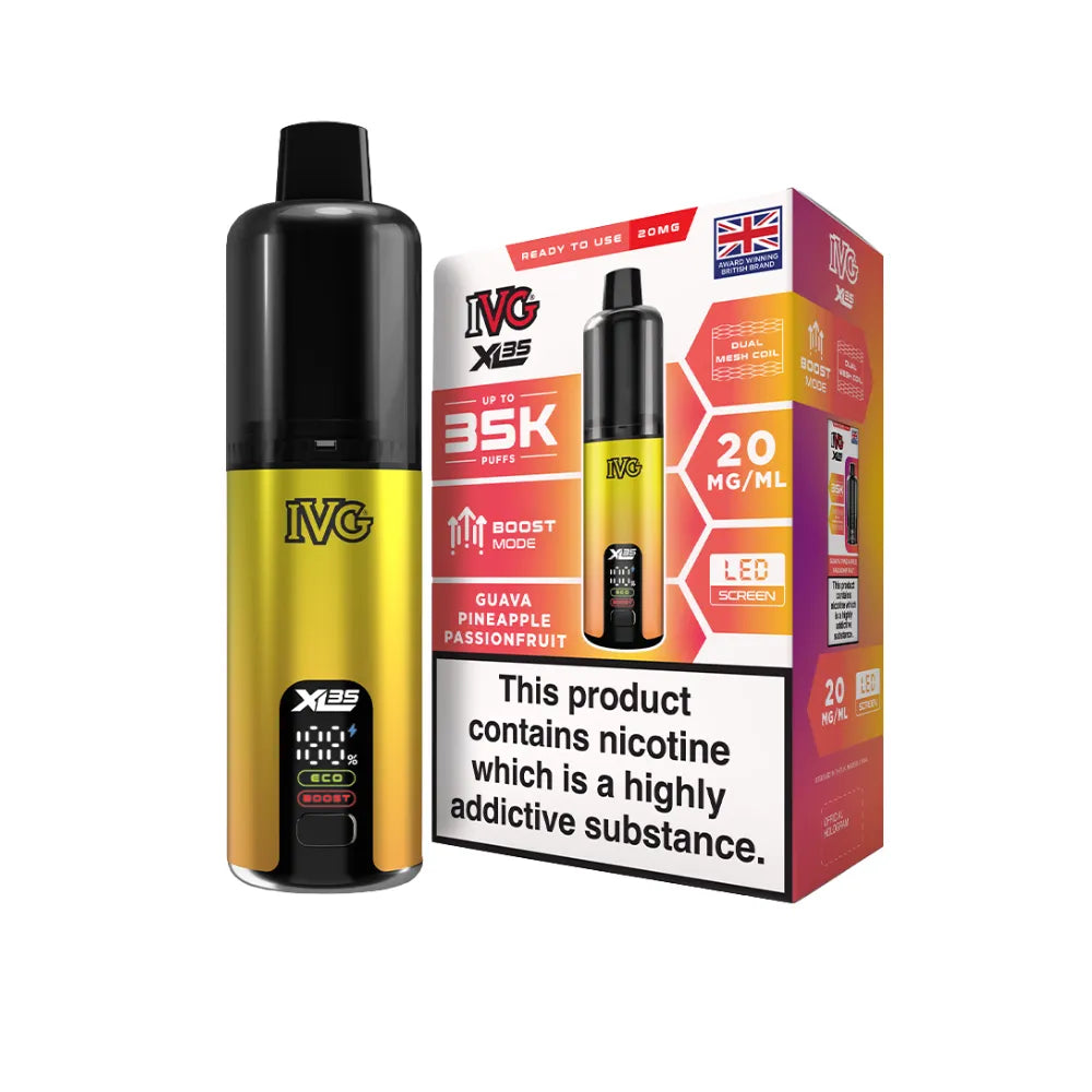 IVG vaping device and packaging on a white background