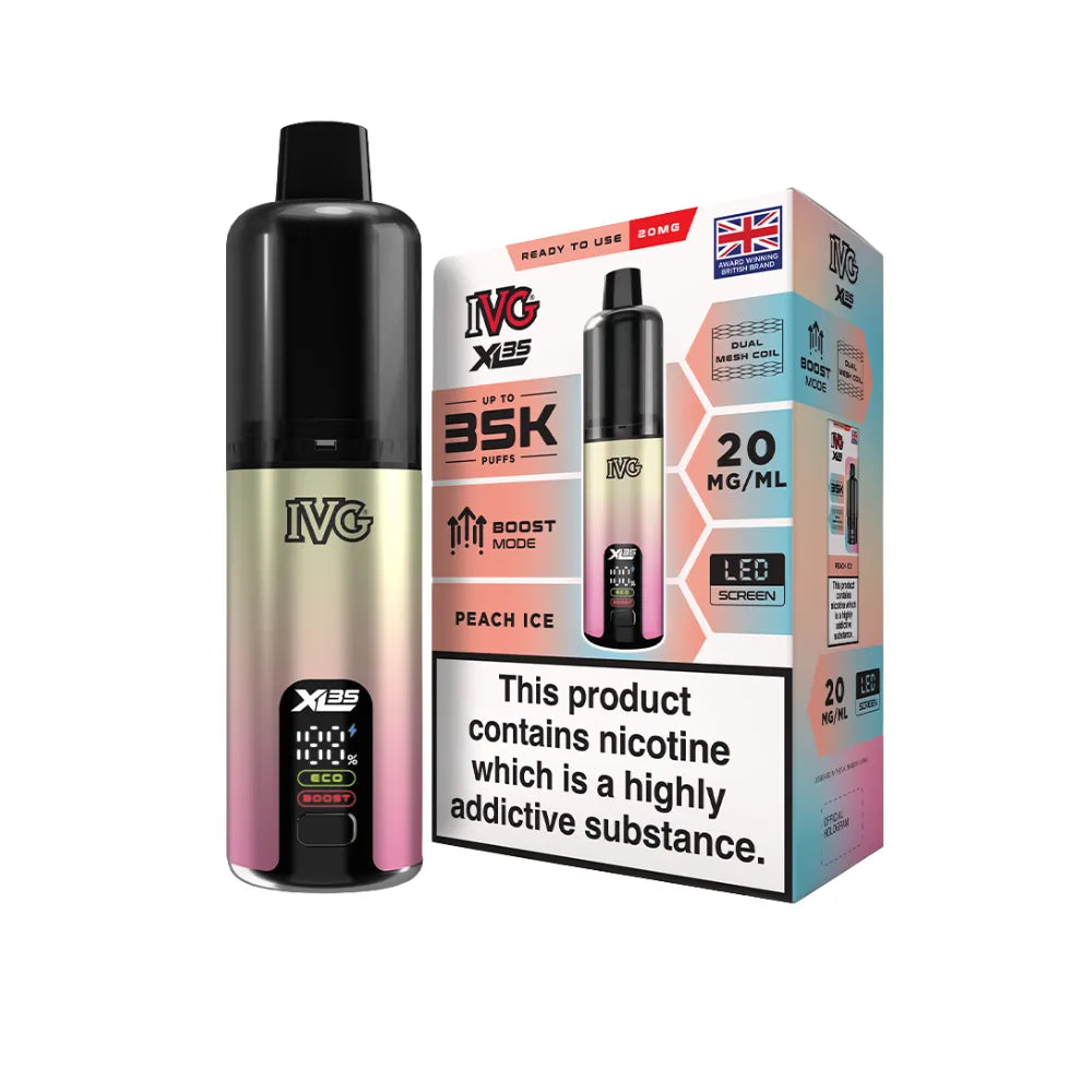 IVG vaping device and packaging on a white background