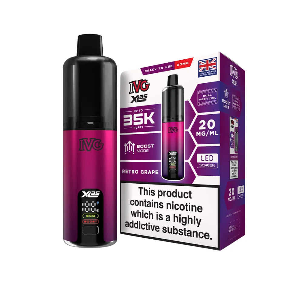 Purple vape device with packaging on a white background