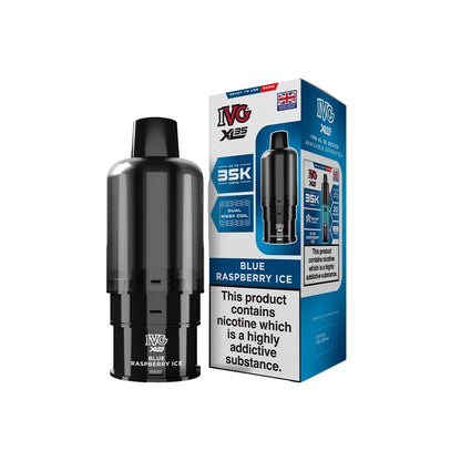 IVG XL 35K Blue Raspberry Ice pods and packaging on a white background