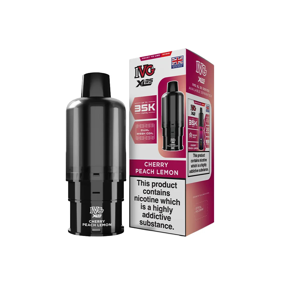 IVG XL 35K Cherry Peach Lemon pods and packaging on a white background