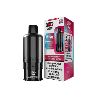 IVG XL 35K Strawberry Raspberry Cherry pods and packaging on a white background