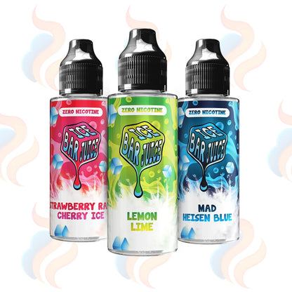 Three Ice Bar Juice 100ml Shortfill E-liquids on a white background with UK Vape Supply Logo