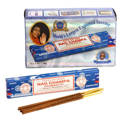 Box of Satya Sai Baba Nag Champa incense with sticks on a white background