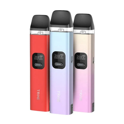 Three TRINE vape devices in red, purple, and pink on a white background
