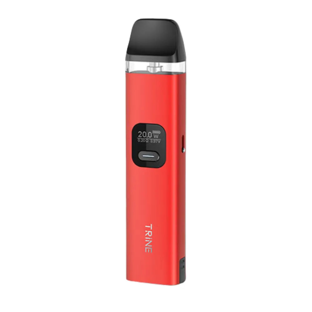 Red vape device with black top on a white background