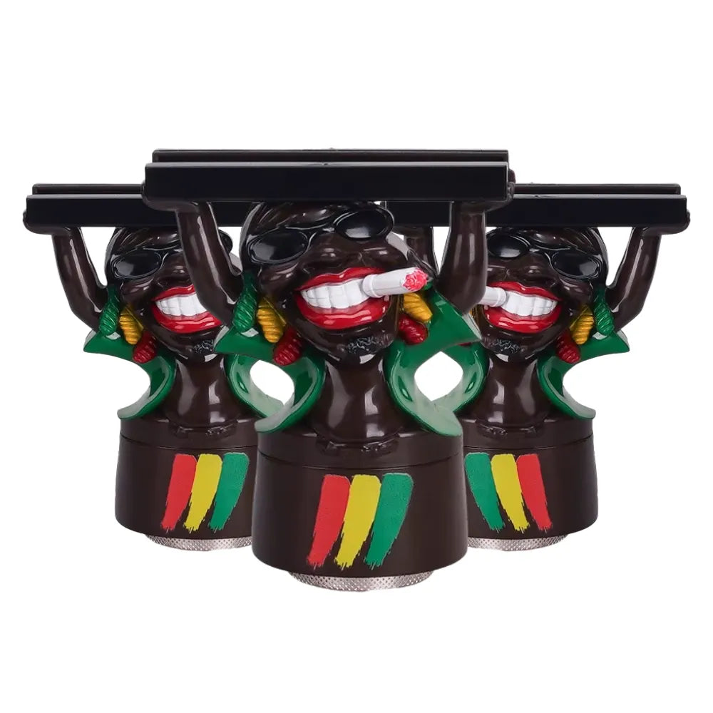 Three black "jamaica with a slim" grinders with colourful designs on a white background