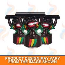 Three black "Jamaica with a slim" grinders with colourful designs on a white background
