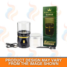 King Palm Surge mini electric grinder with packaging, jar, and tool on a white background