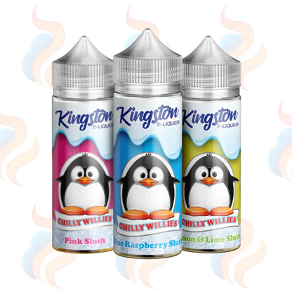 Three Kingston Chilly Willies E-liquids on a white background with UK Vape Supply Logo