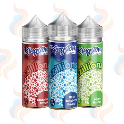 Three Kingston Gazillions E-liquids on a white background with UK Vape Supply Logo