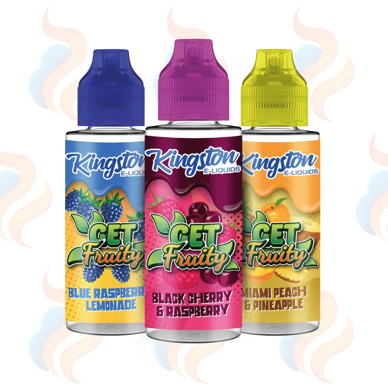 Three Kingston Get Fruity E-liquids on a white background with UK Vape Supply Logo