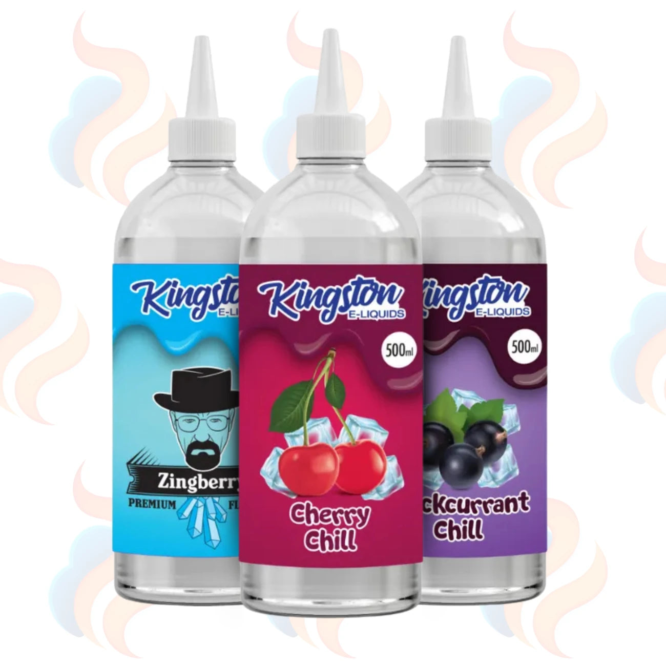 Three Kingston Mega Saver E-liquids on a white background with UK Vape Supply Logo