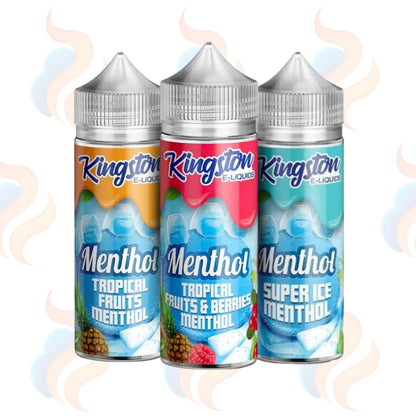 Three Kingston Menthol E-liquids on a white background with UK Vape Supply Logo