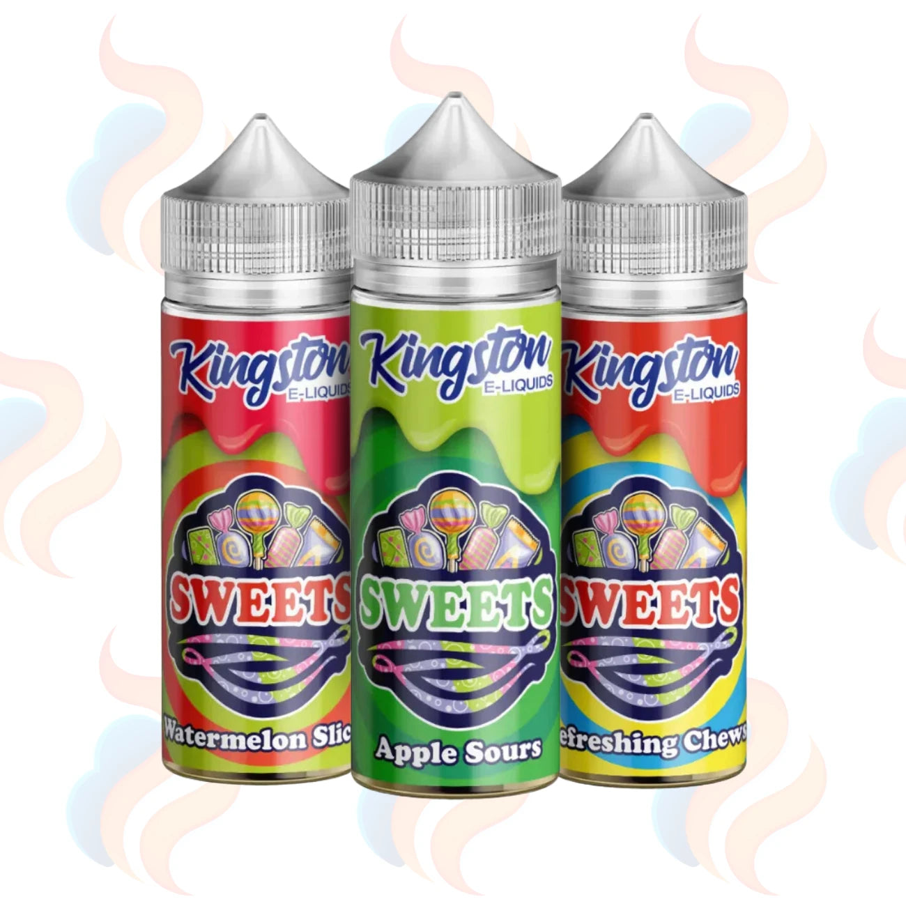 Three Kingston Sweets E-liquids on a white background with UK Vape Supply Logo