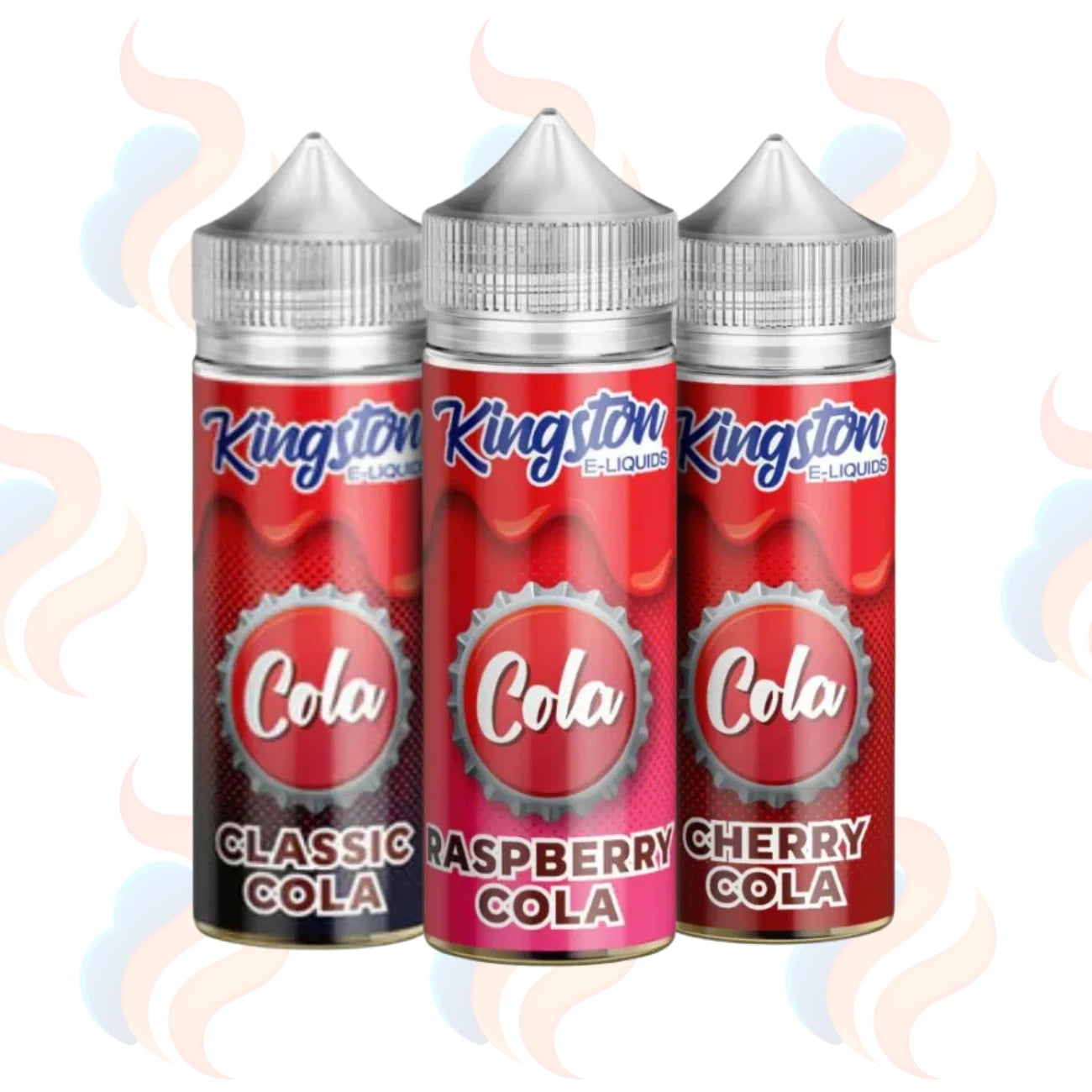 Three Kingston Cola E-liquids on a white background with UK Vape Supply Logo