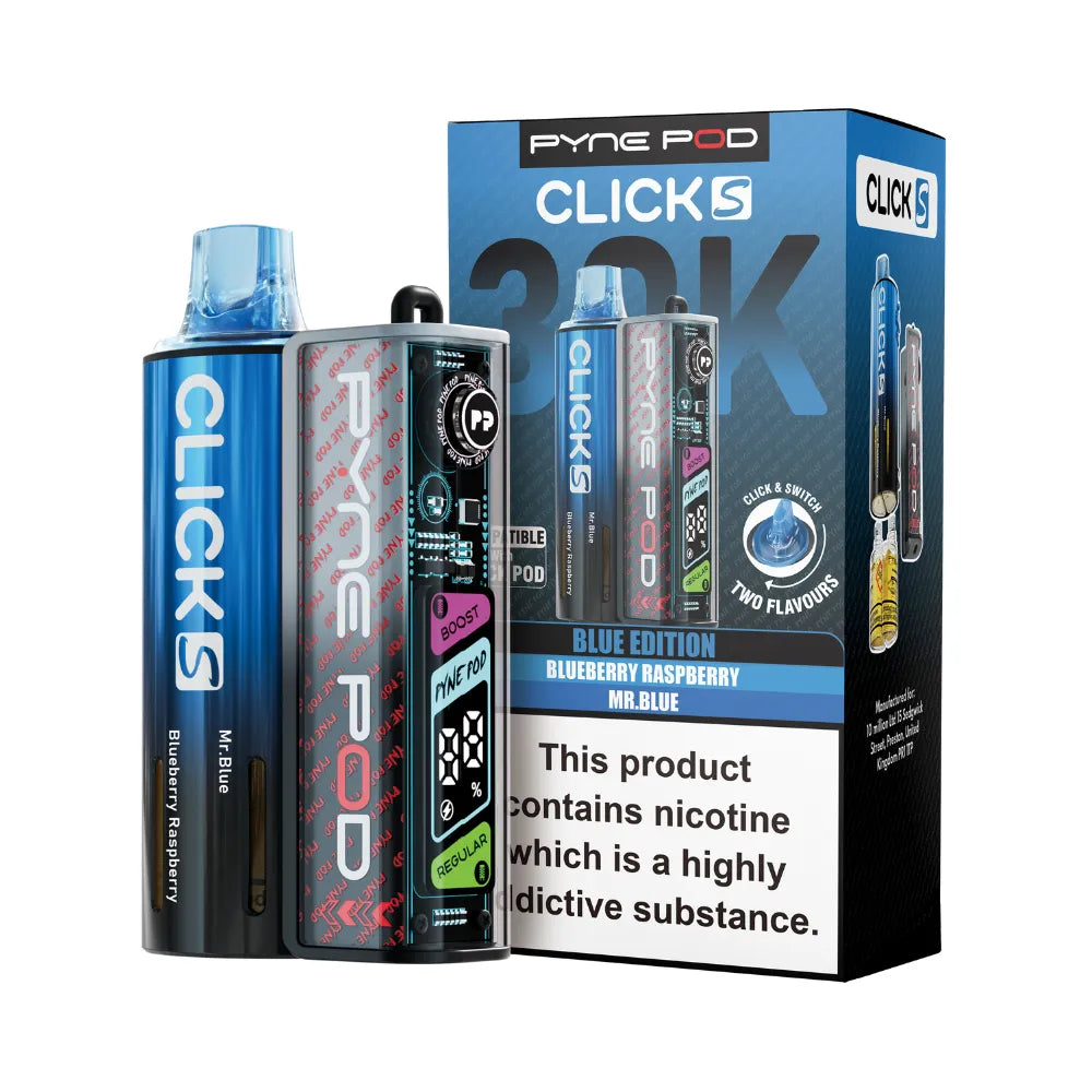 Pyne Pod Click S vape device in Blue edition with packaging on a white background