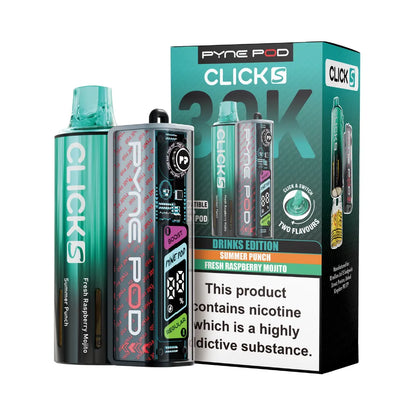 Pyne Pod Click S vape device in Drinks edition with packaging on a white background