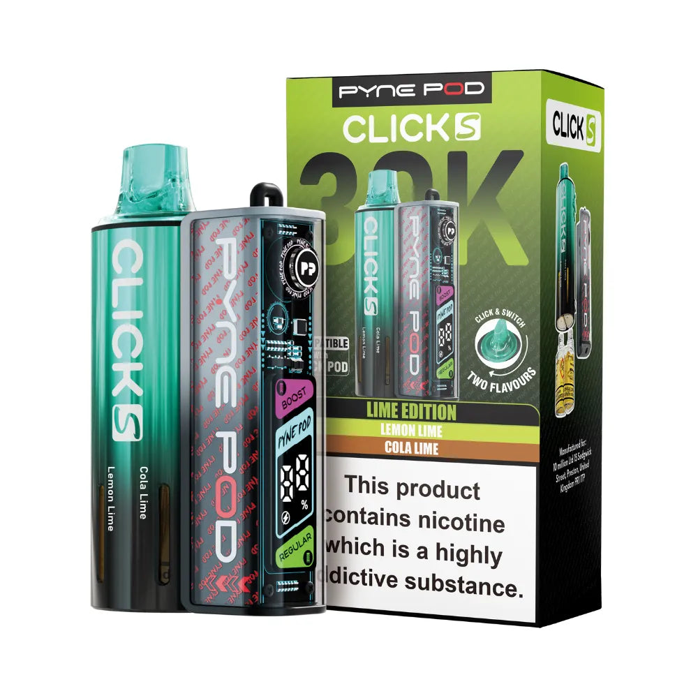 Pyne Pod Click S vape device in Lime edition with packaging on a white background
