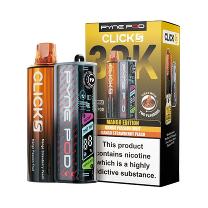 Pyne Pod Click S vape device in Mango edition with packaging on a white background