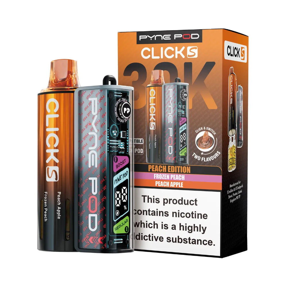 Pyne Pod Click S vape device in Peach edition with packaging on a white background