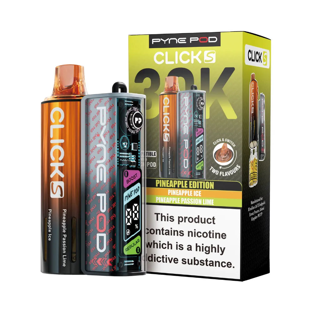 Pyne Pod Click S vape device in Pineapple edition with packaging on a white background