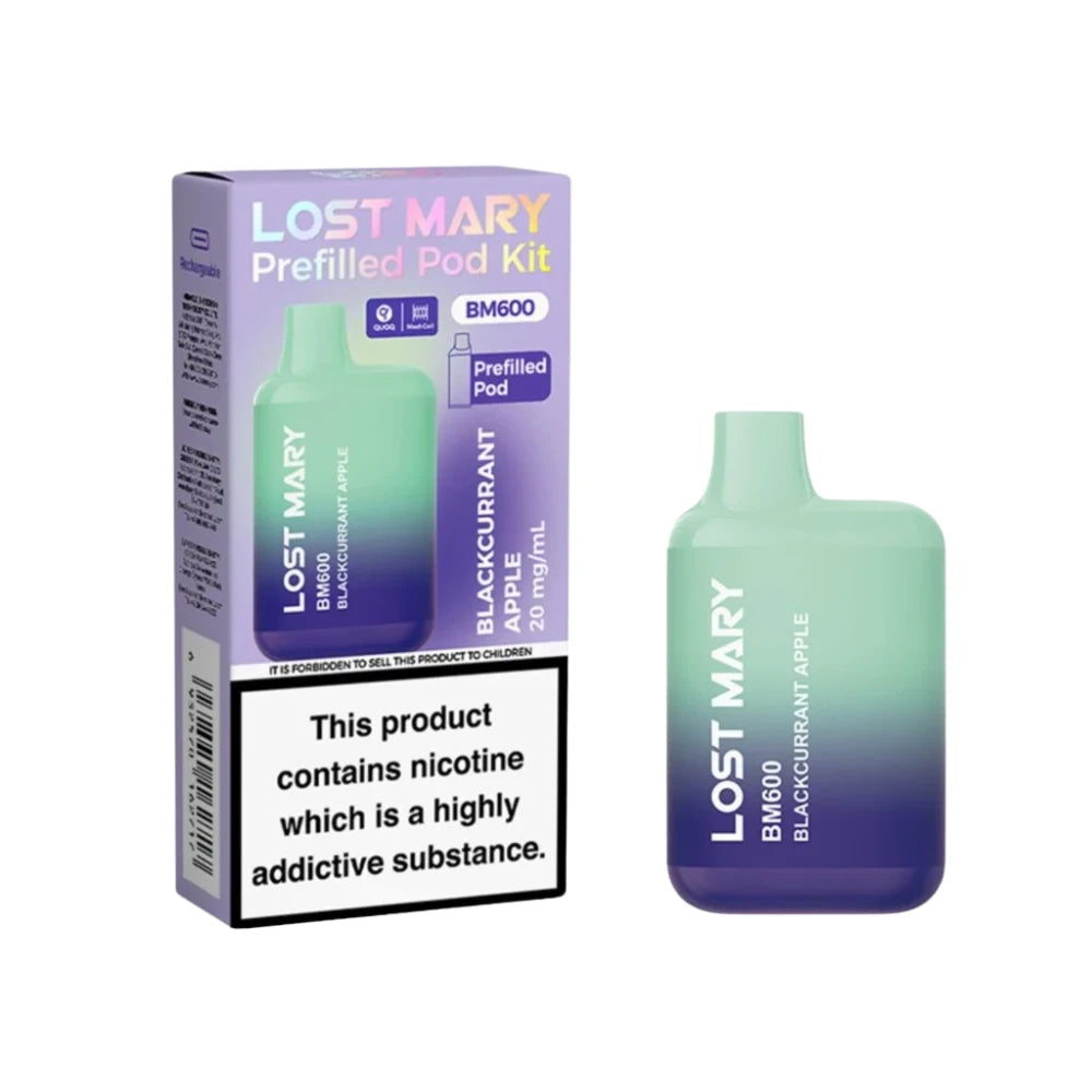 Lost Mary BM600 vape device in "Blackcurrant Apple" flavour with colourful packaging on a white background.