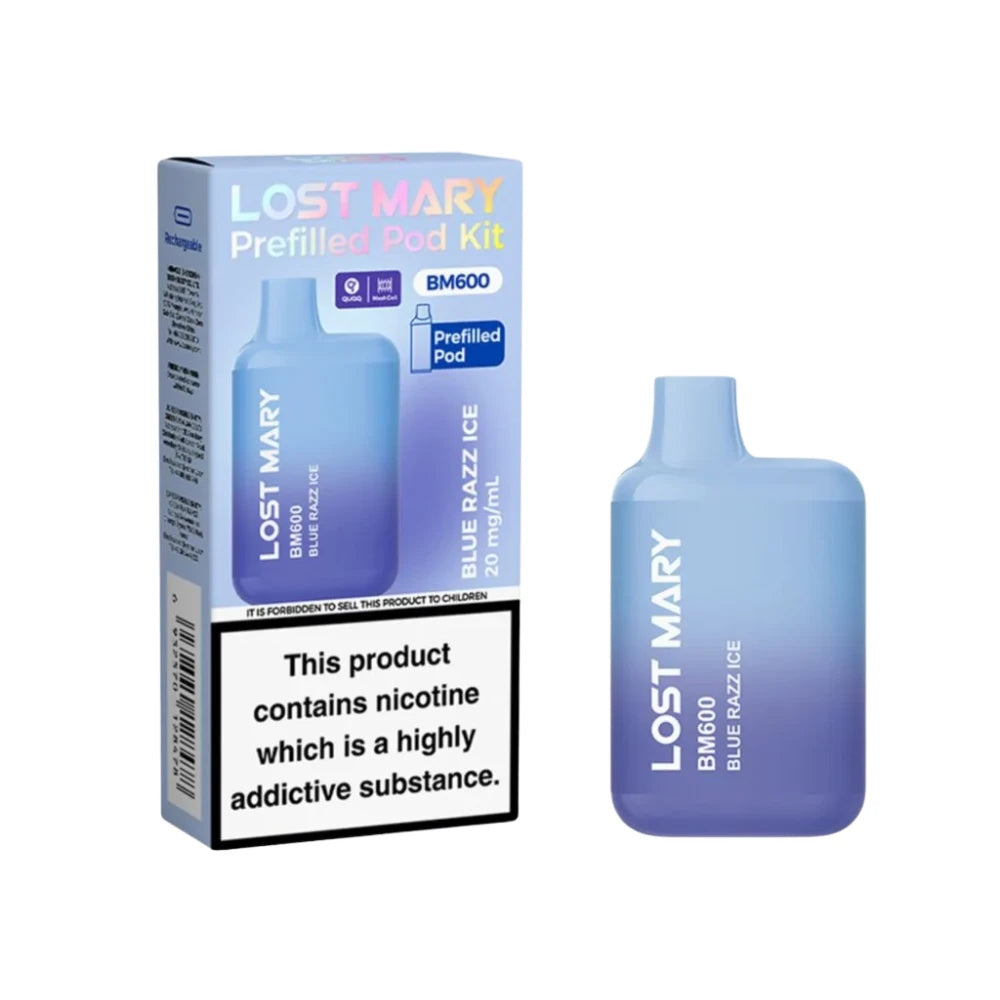Lost Mary BM600 vape device in "Blue Razz Ice" flavour with colourful packaging on a white background.