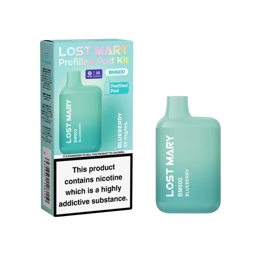 Lost Mary BM600 vape device in "Blueberry" flavour with colourful packaging on a white background.