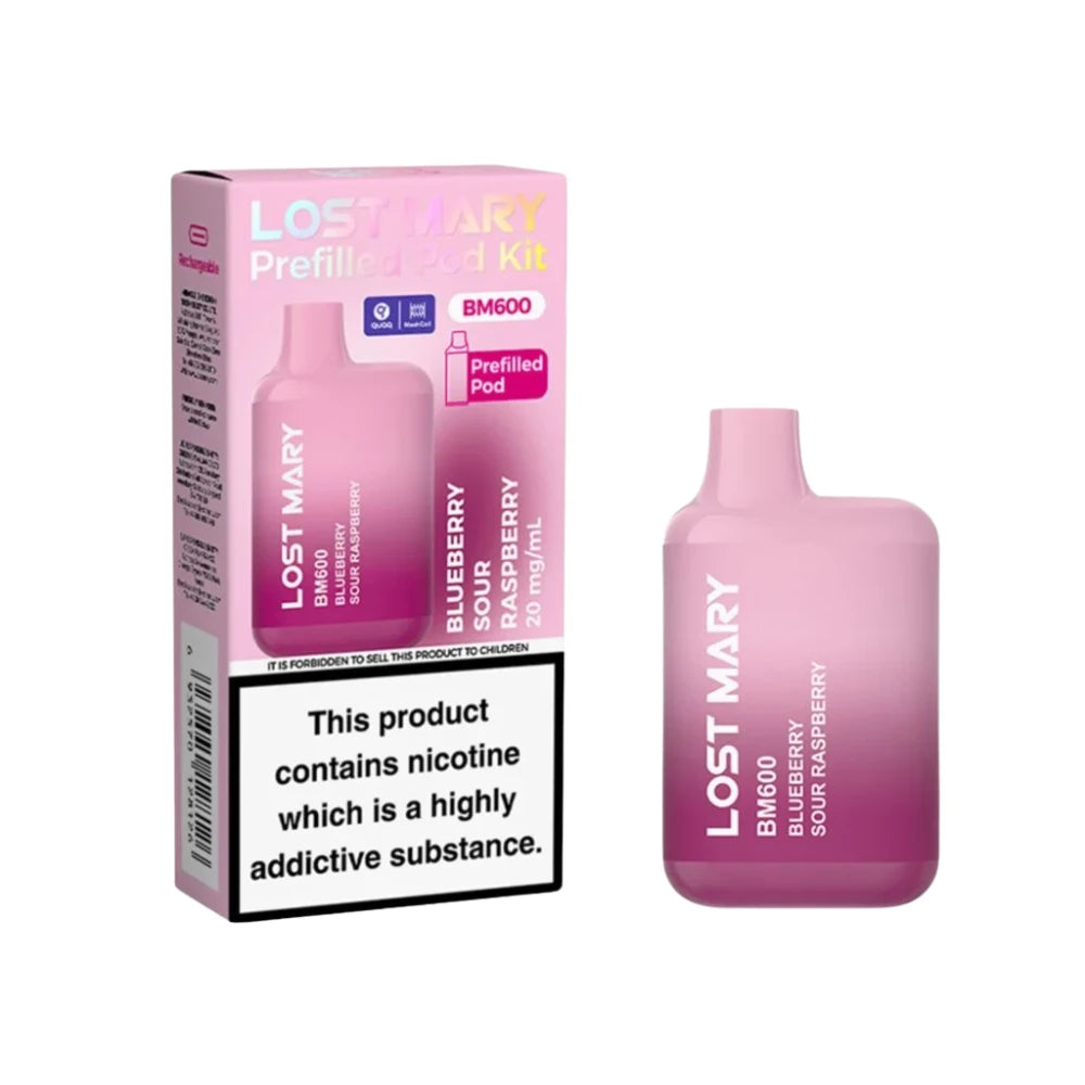 Lost Mary BM600 vape device in "Blue Sour Raspberry" flavour with colourful packaging on a white background.