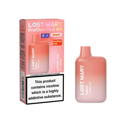 Lost Mary BM600 vape device in "Cherry Ice" flavour with colourful packaging on a white background.