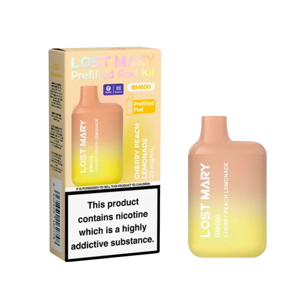 Lost Mary BM600 vape device in "Cherry Peach Lemonade" flavour with colourful packaging on a white background.