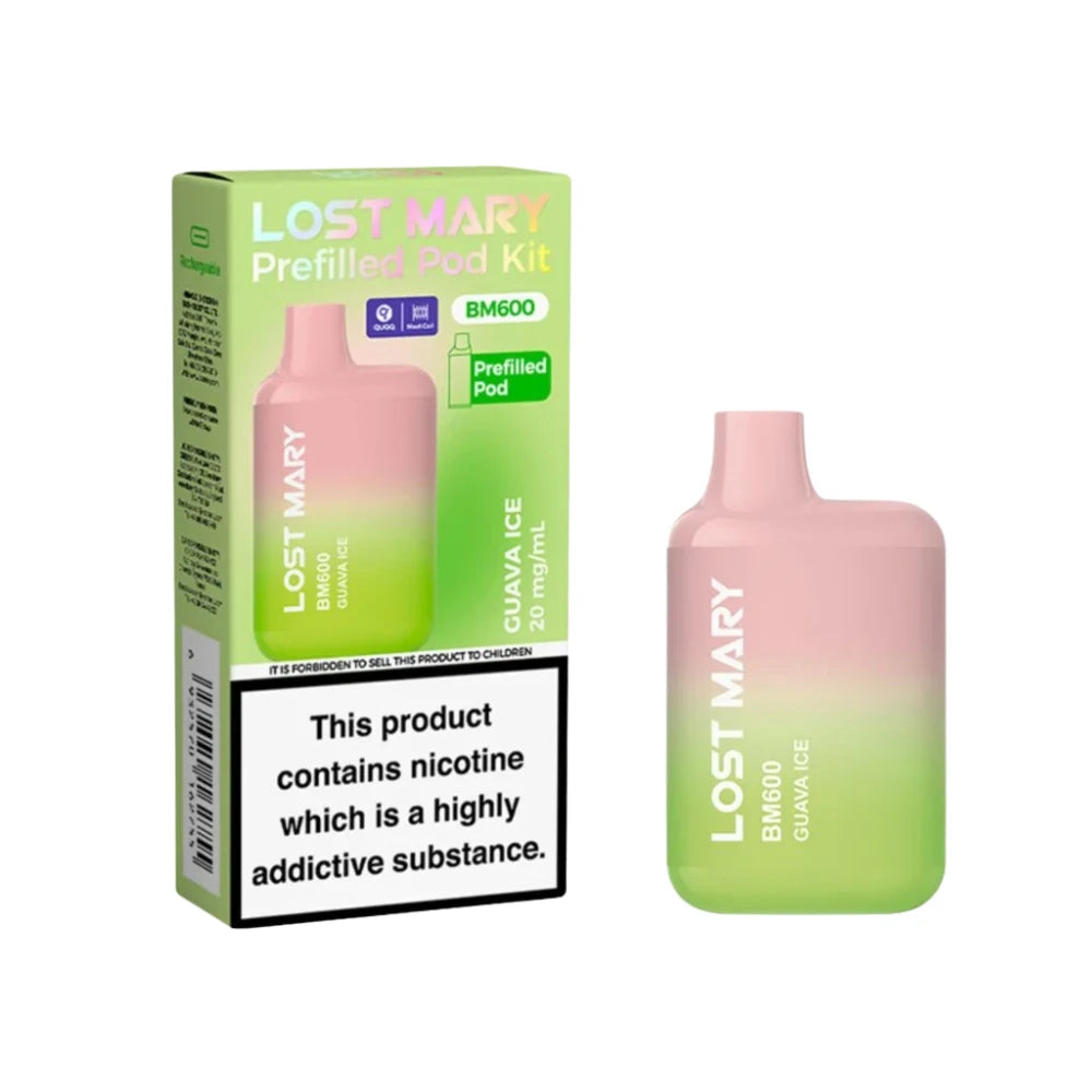 Lost Mary BM600 vape device in "Guava Ice" flavour with colourful packaging on a white background.