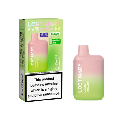 Lost Mary BM600 vape device in "Guava Ice" flavour with colourful packaging on a white background.