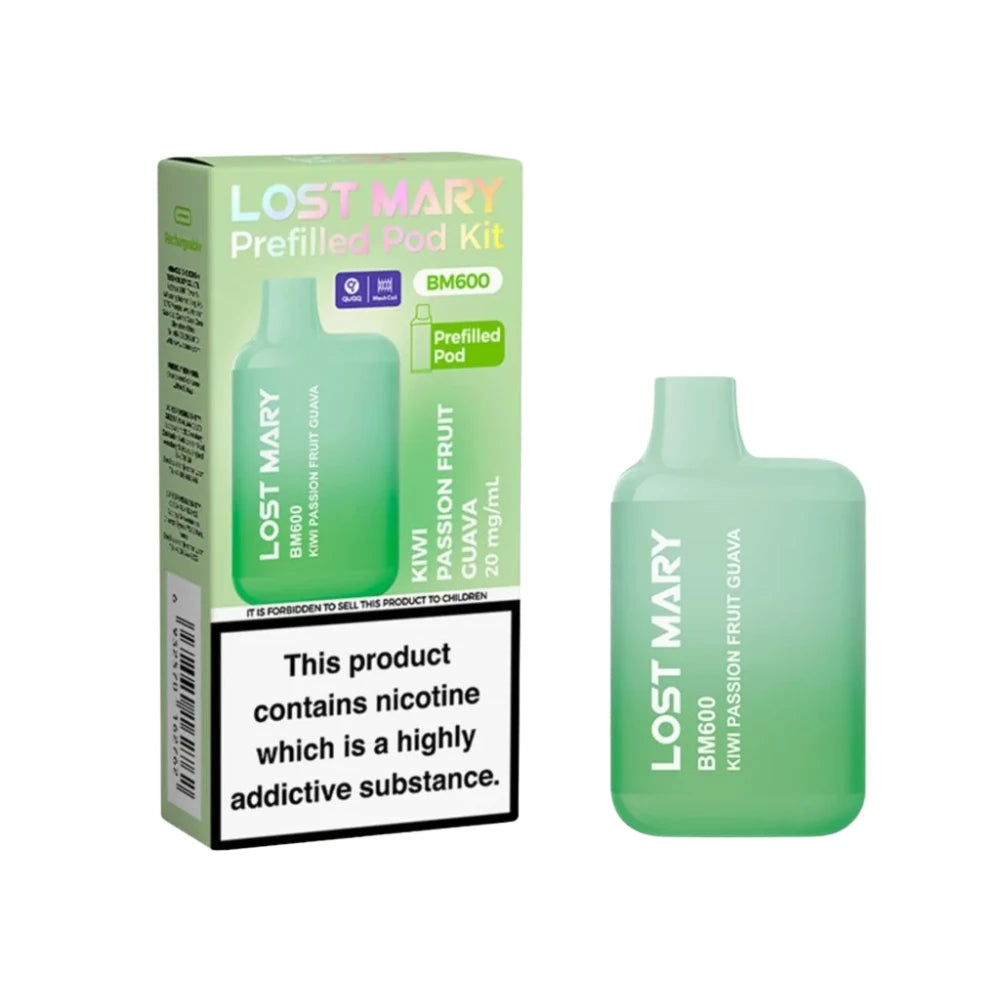 Lost Mary BM600 vape device in "Kiwi Passionfruit Guava" flavour with colourful packaging on a white background.