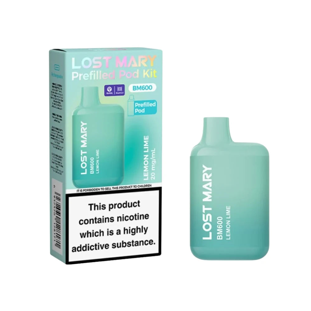 Lost Mary BM600 vape device in "Lemon Lime" flavour with colourful packaging on a white background.