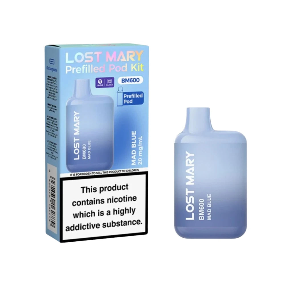 Lost Mary BM600 vape device in "Mad Blue" flavour with colourful packaging on a white background.
