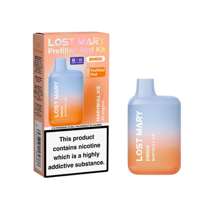 Lost Mary BM600 vape device in "Marybull Ice" flavour with colourful packaging on a white background.