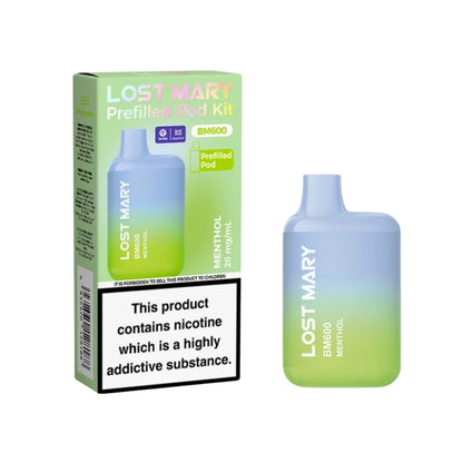 Lost Mary BM600 vape device in "Menthol" flavour with colourful packaging on a white background.