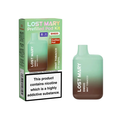 Lost Mary BM600 vape device in "Mint Tobacco" flavour with colourful packaging on a white background.