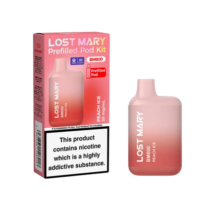Lost Mary BM600 vape device in "Peach Ice" flavour with colourful packaging on a white background.