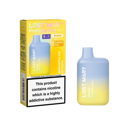 Lost Mary BM600 vape device in "Pineapple Ice" flavour with colourful packaging on a white background.
