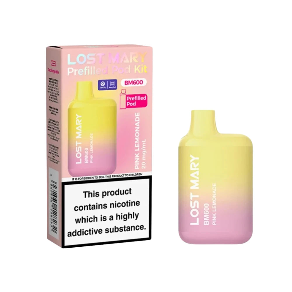 Lost Mary BM600 vape device in "Pink Lemonade" flavour with colourful packaging on a white background.