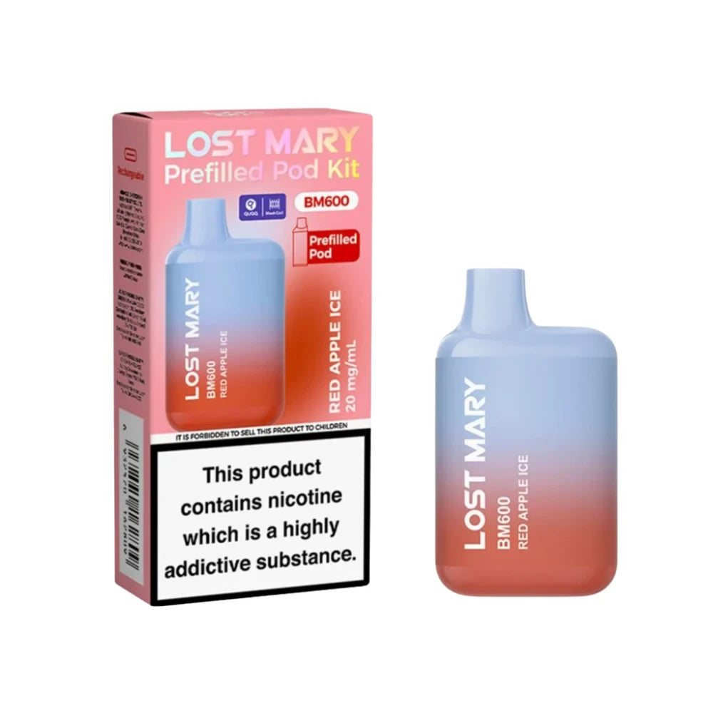 Lost Mary BM600 vape device in "Red Apple Ice" flavour with colourful packaging on a white background.