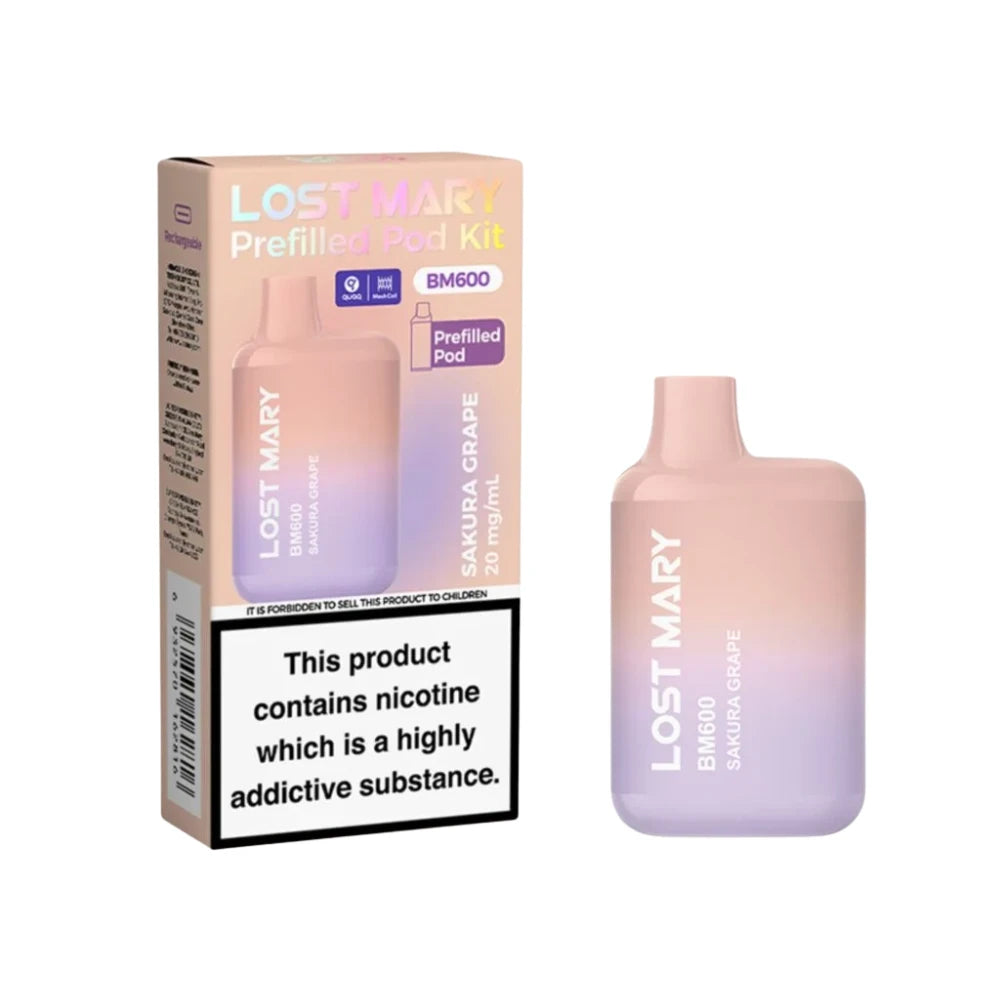 Lost Mary BM600 vape device in "Sakura Grape" flavour with colourful packaging on a white background.