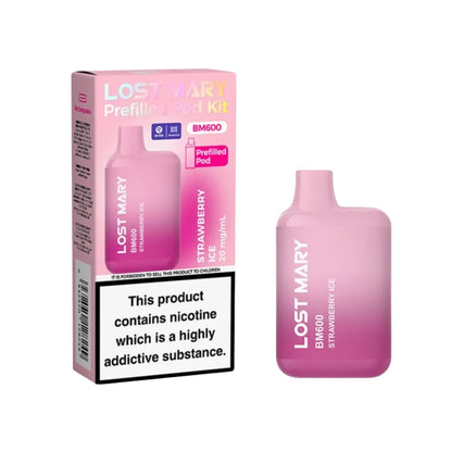 Lost Mary BM600 vape device in "Strawberry Ice" flavour with colourful packaging on a white background.