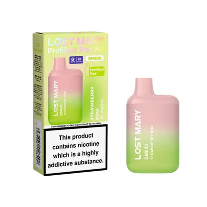 Lost Mary BM600 vape device in "Strawberry Kiwi" flavour with colourful packaging on a white background.