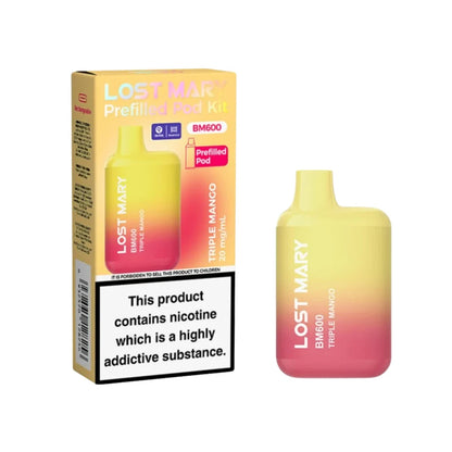 Lost Mary BM600 vape device in "Triple Mango" flavour with colourful packaging on a white background.