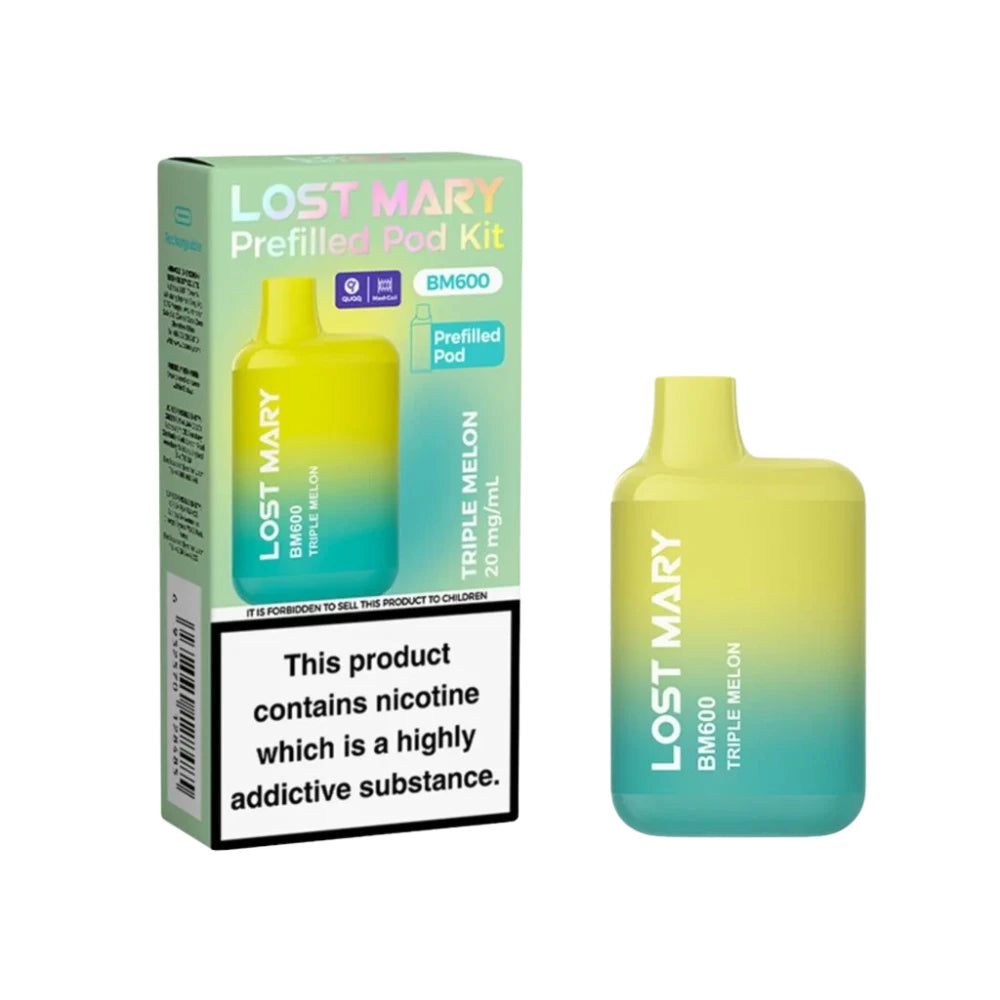 Lost Mary BM600 vape device in "Triple Melon" flavour with colourful packaging on a white background.