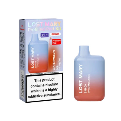 Lost Mary BM600 vape device in "Watermelon Ice" flavour with colourful packaging on a white background.